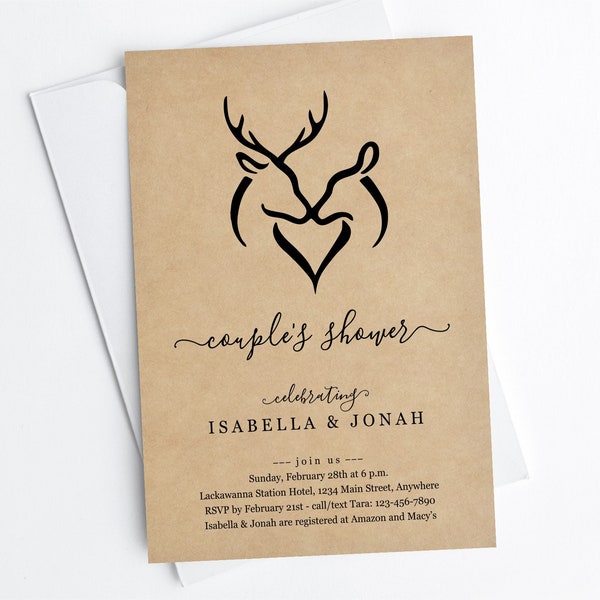 Deer Antler Hunter Invitation Template, Stag / Buck & Doe Couple Wedding / Bridal Shower, Engagement Party, Rehearsal Dinner Invite Download