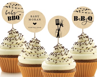 Baby Q Cupcake Topper Template, Printable Baby BBQ Baby Shower Decoration, Neutral BaByQ Decor, Editable Instant Download Digital File PDF