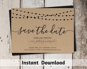 Simple Save the Date Card Printable Template - Rustic String Lights, Calligraphy, Kraft Paper, DIY PDF Instant Download Digital File 4x6 5x7