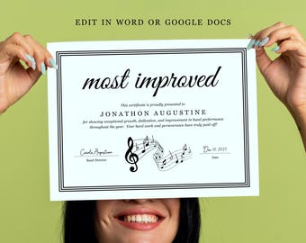 Band or Choir Award Certificate Template, Printable Editable File for Microsoft Word & Google Docs, Marching Band, Elementary High School