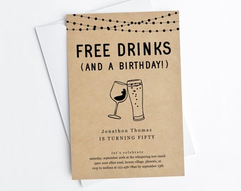 Funny Adult Birthday Party Invitation Template, Fun Printable Free Drinks Invite Evite, 30th 40th 50th 60th Man Woman Download Digital