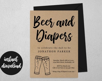 Beer and Diaper Party Invitation Template - Printable Daddy / Guys / Men Baby Shower Invite & Evite, Instant Download Digital File PDF