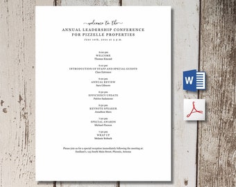 Meeting Agenda Template - Printable Formal Business Board Team Event Program - Word, PDF Download -  Simple Editable Personalize Customize