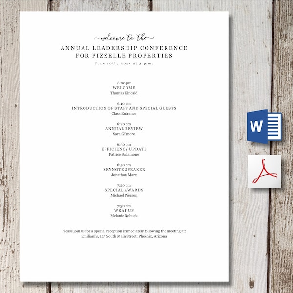 Meeting Agenda Template - Printable Formal Business Board Team Event Program - Word, PDF Download -  Simple Editable Personalize Customize