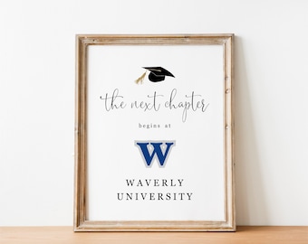 The Next Chapter begins with College Logo Sign, Printable High School Graduation Party Decoration Template, Instant Download Digital File