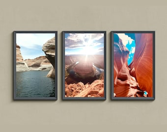 Southwest Landscape Photography Set – Antelope Canyon, Horseshoe Bend Sunset, Lake Powell – Printable Desert Wall Art – Arizona Photo Trio