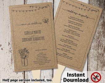 Printable Fall Wedding Program Fan Template - Rustic Mason Jar, Fairy Light, Floral Leaves, Kraft Paper - PDF Instant Download - Half page
