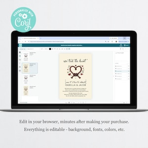 May include: A laptop screen displaying an editable wedding invitation template on a web interface. The cream-coloured invitation features a brown rope heart graphic, the text "we tied the knot," and "ISABELLA & JACOB" with event details.