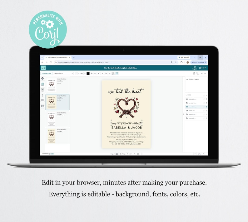 May include: A laptop screen displaying an editable wedding invitation template on a web interface. The cream-coloured invitation features a brown rope heart graphic, the text "we tied the knot," and "ISABELLA & JACOB" with event details.