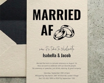 Plantilla de invitación solo para recepción, divertida invitación para celebración de boda íntima "Married AF", descarga digital