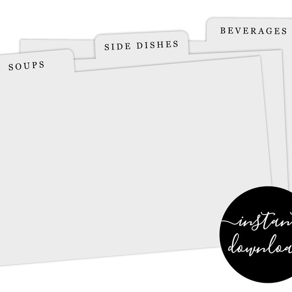 Editable Recipe Card Divider Template - Printable Index Card Size 3x5 4x6 5x7 Easy Category for Recipe Box Digital File Instant Download PDF