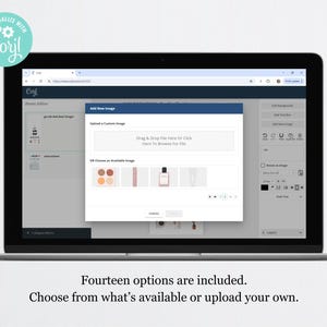 Puede incluir: Una pantalla de ordenador que muestra una p&aacute;gina web con un editor de dise&ntilde;o. El editor tiene una secci&oacute;n para agregar nuevas im&aacute;genes, con opciones para cargar una imagen personalizada o elegir entre las im&aacute;genes disponibles. Las im&aacute;genes disponibles incluyen una variedad de productos de maquillaje, como paletas de sombras de ojos, l&aacute;piz labial y base de maquillaje.