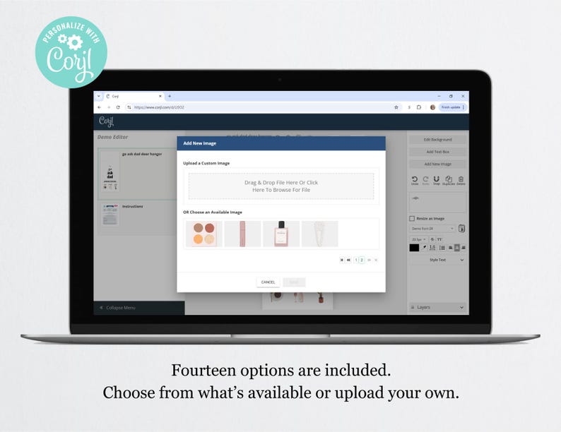 Puede incluir: Una pantalla de ordenador que muestra una p&aacute;gina web con un editor de dise&ntilde;o. El editor tiene una secci&oacute;n para agregar nuevas im&aacute;genes, con opciones para cargar una imagen personalizada o elegir entre las im&aacute;genes disponibles. Las im&aacute;genes disponibles incluyen una variedad de productos de maquillaje, como paletas de sombras de ojos, l&aacute;piz labial y base de maquillaje.