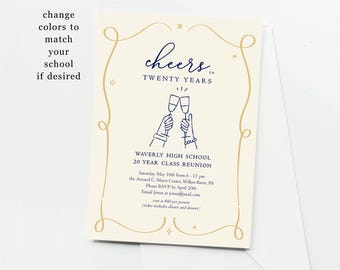 Hand Drawn Class Reunion Invitation Template, Any Year High School or College, Printable Invite, Drink Cheers, Instant Download Digital File