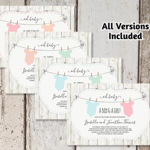 Rustic Baby Shower Invitation for Twin Girls, Boys, or Gender Neutral - Printable Template - Instant Download Digital File 5x7 PDF - Onesies image 2