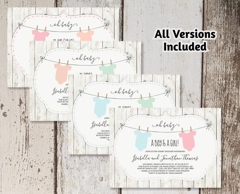 Rustic Baby Shower Invitation for Twin Girls, Boys, or Gender Neutral - Printable Template - Instant Download Digital File 5x7 PDF - Onesies image 2