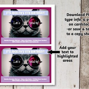 May include: Printable invitation for an 11th birthday party featuring a cat wearing sunglasses with the text "Let's paw-ty!" and the words "IT'S JOCELYN'S 11TH BIRTHDAY!" in purple and white text.