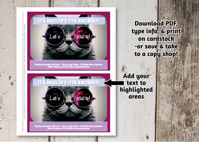 May include: Printable invitation for an 11th birthday party featuring a cat wearing sunglasses with the text "Let's paw-ty!" and the words "IT'S JOCELYN'S 11TH BIRTHDAY!" in purple and white text.