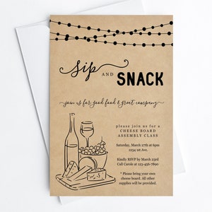 Modèle d&#39;Invitation à la fête du vin et du fromage, Imprimable Sip & Snack Apéritif Hors d&#39;oeuvre Invitation à l&#39;événement, Téléchargement instantané Fichier numérique DIY PDF