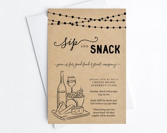 Wine and Cheese Party Invitation Template, Printable Sip & Snack Appetizer Hors d'oeuvre Event Invite, Instant Download Digital File DIY PDF