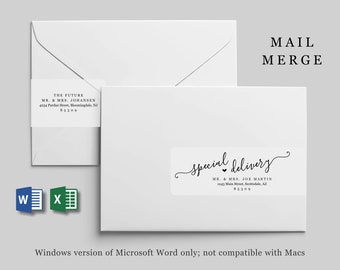 Mail Merge Address Template for Wraparound Labels - Script Handwriting Microsoft Word Excel Printable Avery - Instant Download Digital File