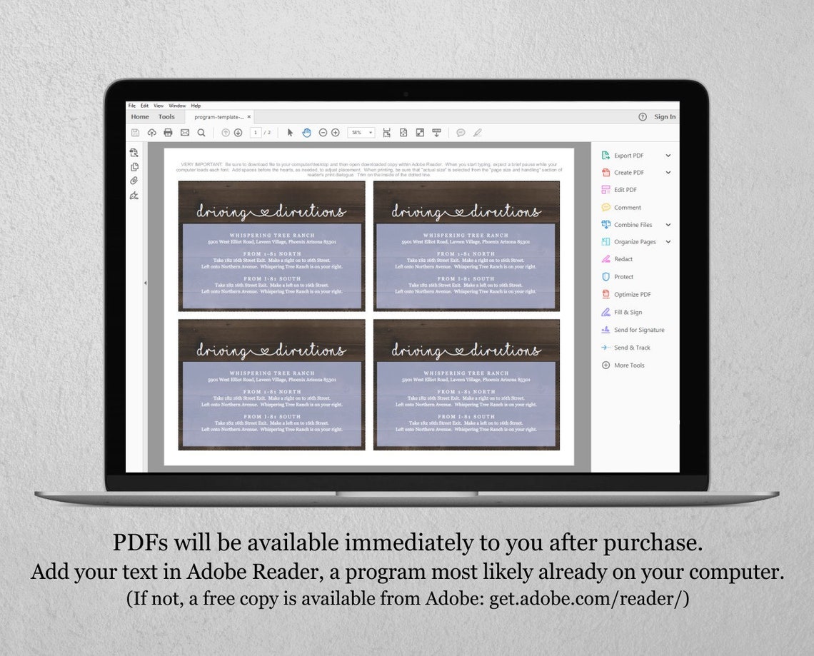 Directions Card Template - Printable Wedding Direction Enclosure Insert ...