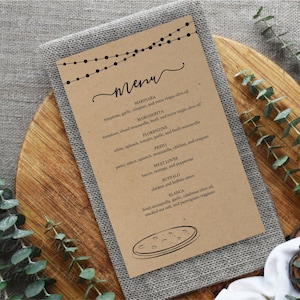 Modello stampabile per menu pizza, menu camion pizza, carta kraft rustica, lucine, file digitale PDF con download istantaneo