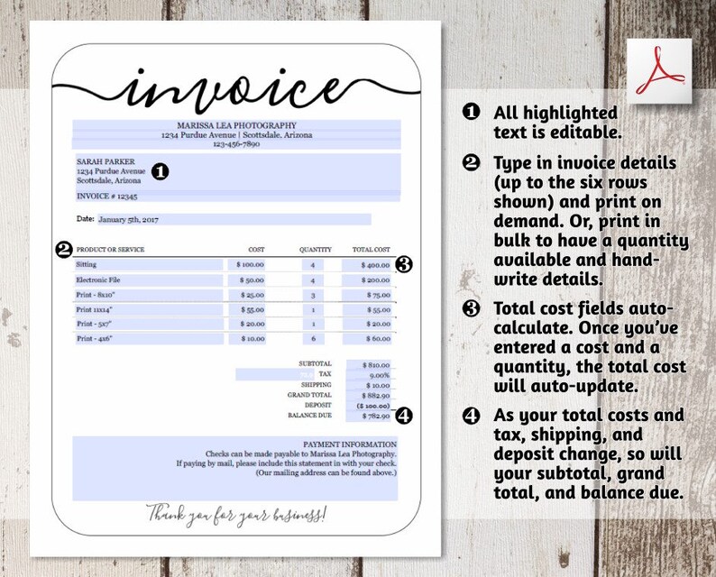 Printable Invoice Template - NO COLOR INK - Word, Pdf Download ...