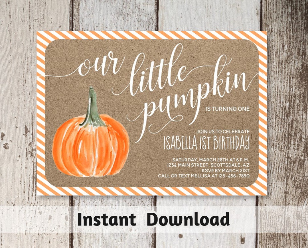 Printable Pumpkin First Birthday Invitation Template Gender Neutral Baby Shower Rustic Little ...