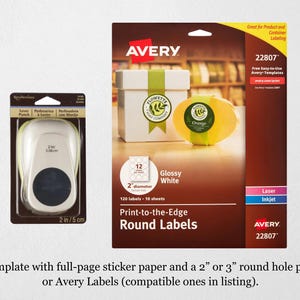 May include: Avery 22807 glossy white round labels, 120 labels per pack, 10 sheets, print-to-the-edge, laser and inkjet compatible. Use with full-page sticker paper and a 2-inch or 3-inch round hole puncher.