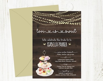 Dessert Bridal Shower Invitation Template, Printable Rustic Love is Sweet Theme, String Fairy Light, Wood, Instant Download Digital File PDF