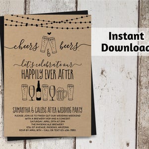 Modello di invito alla festa dopo il matrimonio, saluti e birre - Birrificio rustico stampabile - Carta Kraft - PDF con download istantaneo - Stringhe luminose