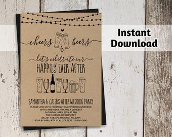 Cheers & Beers After Wedding Party Invitation Template - Rustic Brewery Printable - Kraft Paper - Instant Download PDF - String Lights