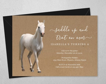 Girls Horse Invitation Template, Printable Horse Riding Birthday Party Invite & Evite Instant Download Digital File PDF, Rustic Kraft Paper