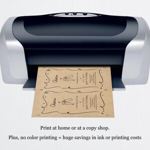 May include: A black and silver printer producing two tan invitation cards. The cards feature a decorative border, the word "Cheers", and champagne glass illustrations. The text at the bottom reads "Print at home or at a copy shop."
