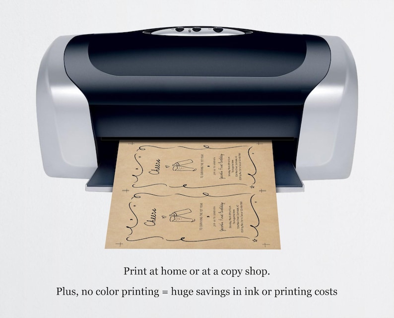 May include: A black and silver printer producing two tan invitation cards. The cards feature a decorative border, the word "Cheers", and champagne glass illustrations. The text at the bottom reads "Print at home or at a copy shop."