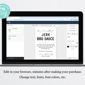 K&ouml;nnte beinhalten: Ein Computerbildschirm zeigt eine Website mit einer Etikettenvorlage f&uuml;r eine Flasche Jerk-BBQ-Sauce. Das Etikett ist anpassbar mit Text, Schriftarten und Farben. Der Text auf dem Etikett lautet "handgemachte Jerk-BBQ-Sauce" und enth&auml;lt eine Zutatenliste. Das Etikett enth&auml;lt auch den Text "Abgef&uuml;llt November 2014" und die Namen "Mary und Jonathan".