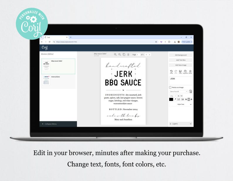 K&ouml;nnte beinhalten: Ein Computerbildschirm zeigt eine Website mit einer Etikettenvorlage f&uuml;r eine Flasche Jerk-BBQ-Sauce. Das Etikett ist anpassbar mit Text, Schriftarten und Farben. Der Text auf dem Etikett lautet "handgemachte Jerk-BBQ-Sauce" und enth&auml;lt eine Zutatenliste. Das Etikett enth&auml;lt auch den Text "Abgef&uuml;llt November 2014" und die Namen "Mary und Jonathan".