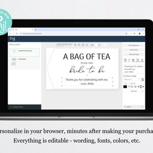 Puede incluir: Una etiqueta hexagonal blanca con texto negro que dice "A Bag of Tea from the Bride to Be. Thank you for celebrating with me. Love, Bella."