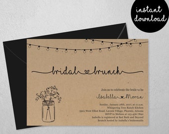 Rustic Bridal Brunch Invitation Template, Simple Bridal Shower Invite, Mason Jar, Printable Instant Download Digital File PDF - Kraft Paper