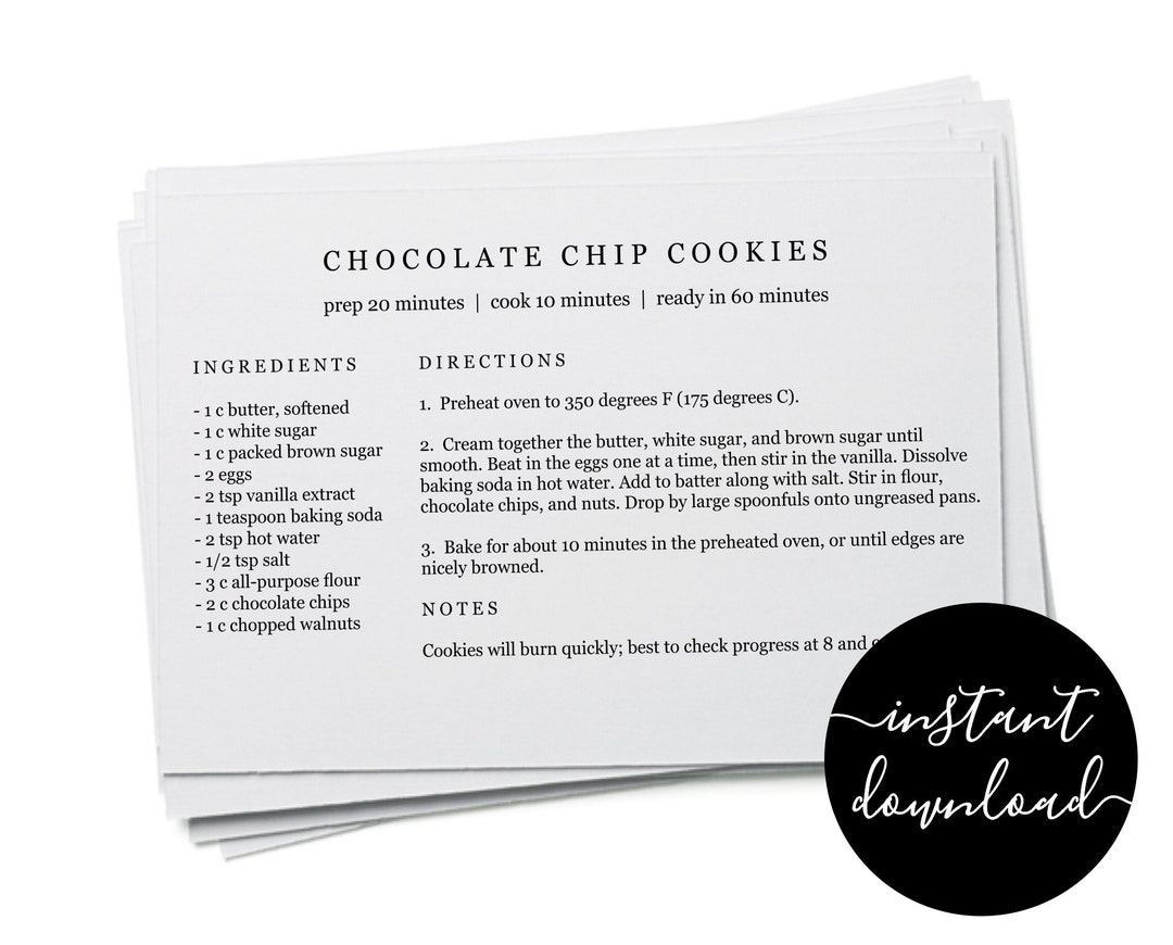 Editable Recipe Card Template - Printable Index Card Size 3x5 4x6 5x7 ...