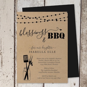 May include: A rustic invitation with the text "blessings & BBQ" for Isabella's baptism. The invitation is printed on brown cardstock with black text and graphics, including a string of lights and BBQ tools.