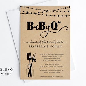 May include: A brown paper invitation with string lights at the top. The text reads "BaByQ" in honor of the parents to be Isabella & Jonah. The invitation includes details for a couples shower BBQ on Sunday, March 28th at 6 p.m. at Isabella & Jonah's home. RSVP by March 21st. Call or text Tara at 123-456-7890. Isabella & Jonah are registered at Babies R Us and Macy's. "Shower is hosted by Tara Parker."