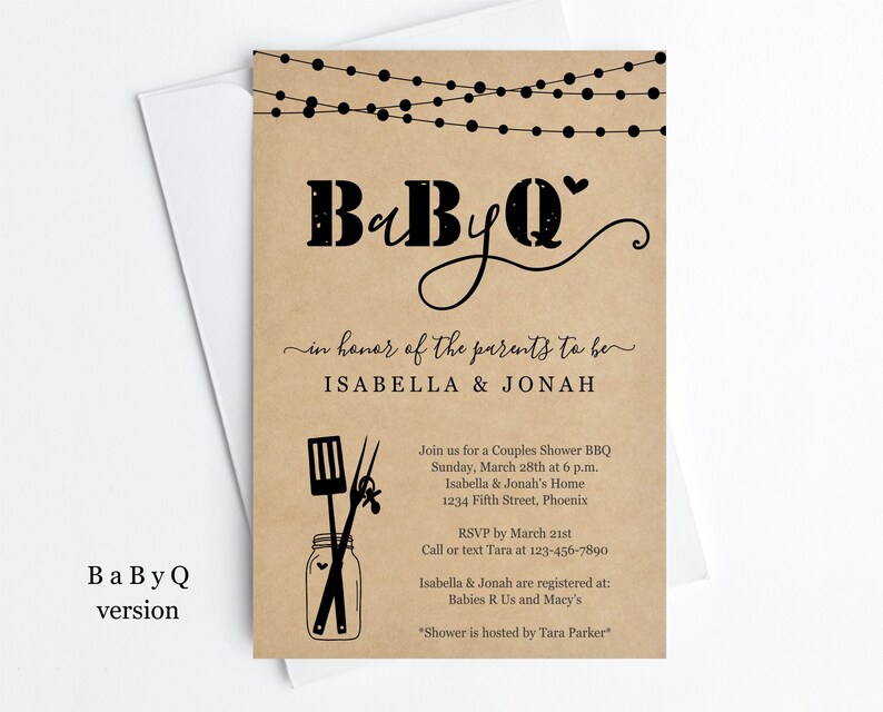 May include: A brown paper invitation with string lights at the top. The text reads "BaByQ" in honor of the parents to be Isabella & Jonah. The invitation includes details for a couples shower BBQ on Sunday, March 28th at 6 p.m. at Isabella & Jonah's home. RSVP by March 21st. Call or text Tara at 123-456-7890. Isabella & Jonah are registered at Babies R Us and Macy's. "Shower is hosted by Tara Parker."