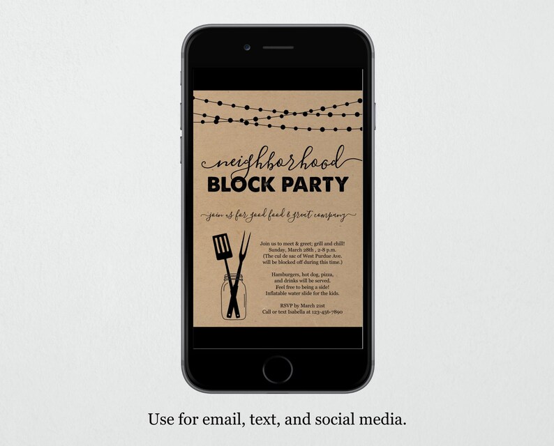 May include: A brown paper invitation for a neighbourhood block party. The invitation includes details about the event, such as the date, time, and location. It also mentions that there will be food and drinks, as well as activities for children.