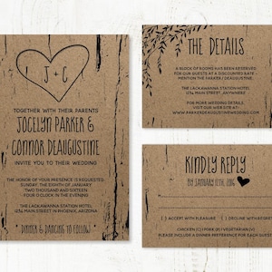 Wedding Invitation Template - Printable Rustic Tree / Wood Carved Hearts & Initials - Kraft Paper Set | Instant Download Digital File Suite