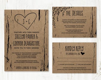 Wedding Invitation Template - Printable Rustic Tree / Wood Carved Hearts & Initials - Kraft Paper Set | Instant Download Digital File Suite