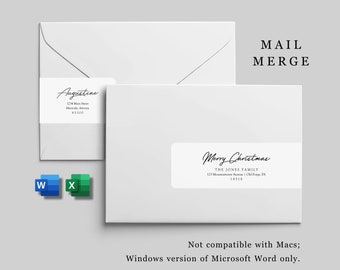 Christmas Wrap Around Address Labels Mail Merge Template for Microsoft Word Excel Avery 22838 - Printable Wraparound Instant Download Files