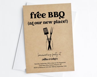 Free BBQ Funny Housewarming Party Invitation Template, Printable Fun House Warming Open House Barbeque Invite Evite Download Digital Kraft