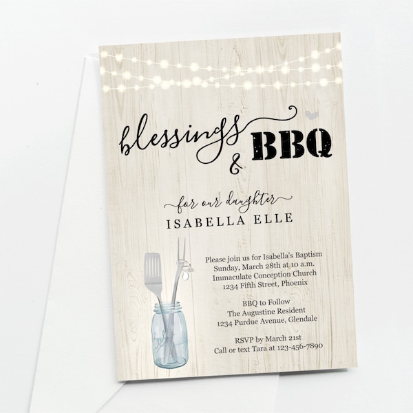 Baptism BBQ Invitation Template - Printable Christening Blessings & Barbeque, 1st First Communion, Confirmation Party Instant Download File